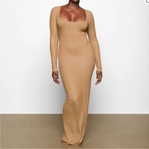 Skims Soft Lounge Shimmer Long Sleeve Maxi Dress in Camel